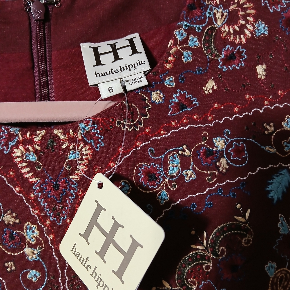 HAUTE HIPPIE dress 3/4 Sleeve MERLOT burgundy Heavily Embroidered Sheath Size 6 - Picture 12 of 15